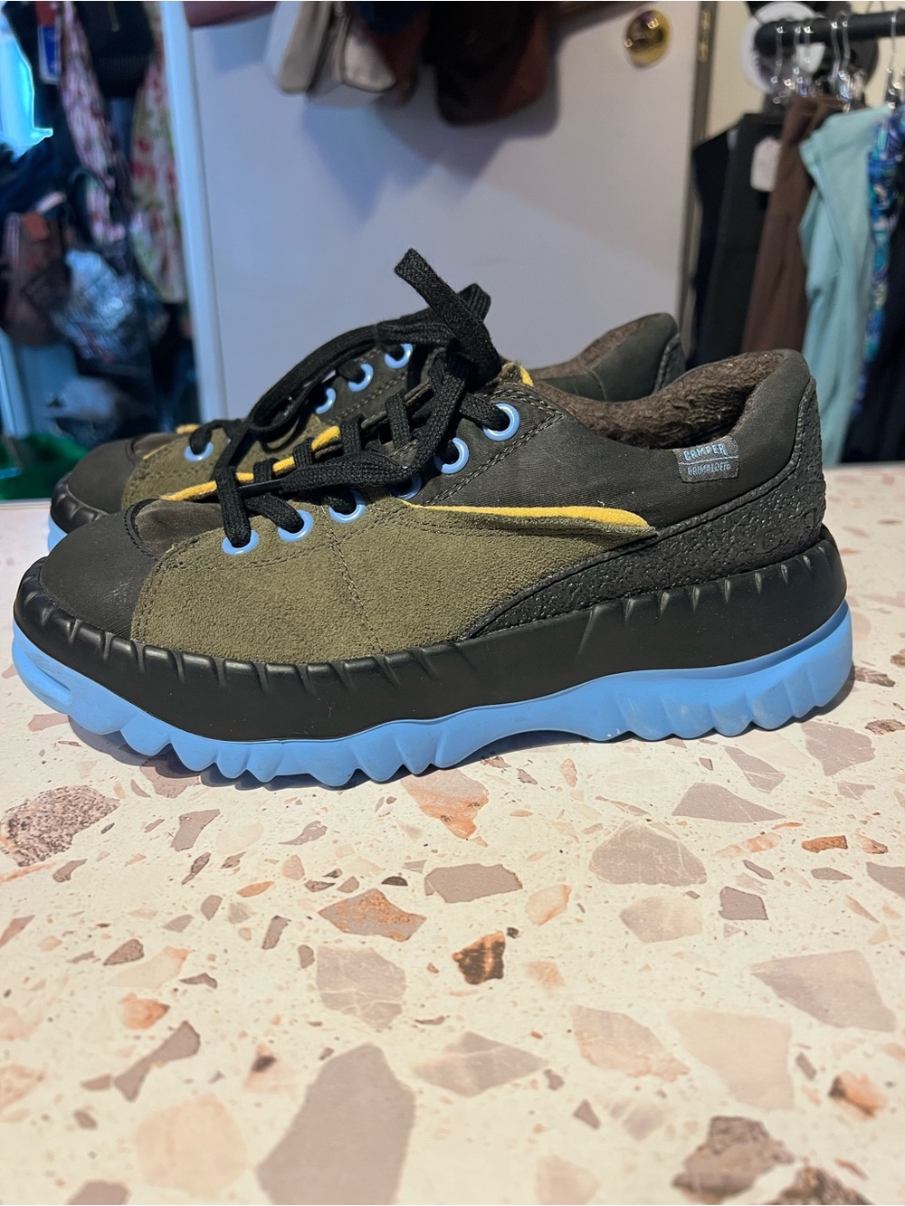 Camper Women's Olive Green and Black Sneakers with Blue Sole Size 36
